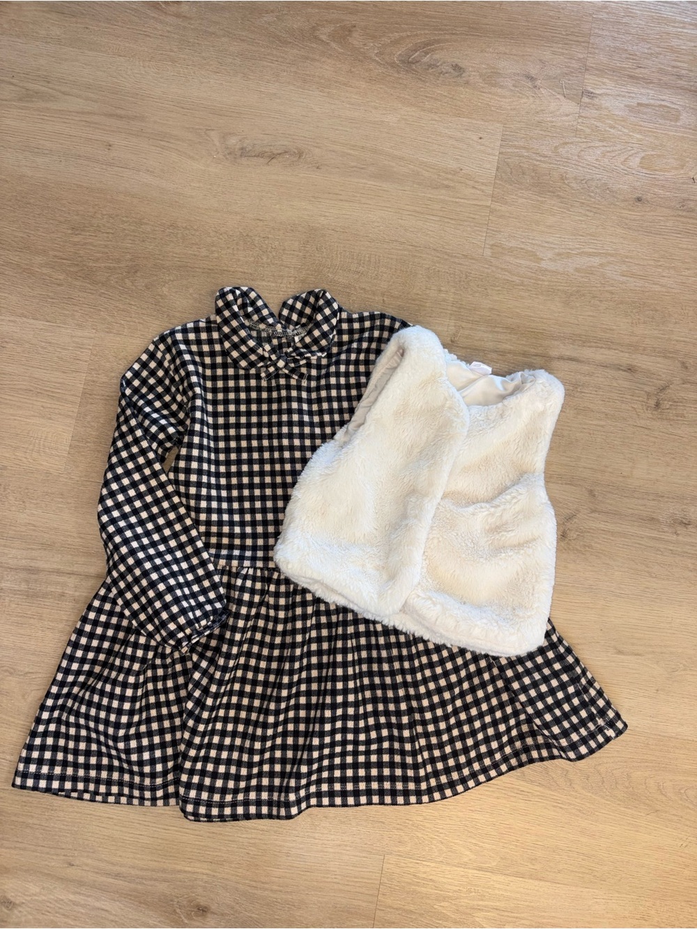 Miss Me Black and White Gingham Dress with Cream Faux Fur Vest